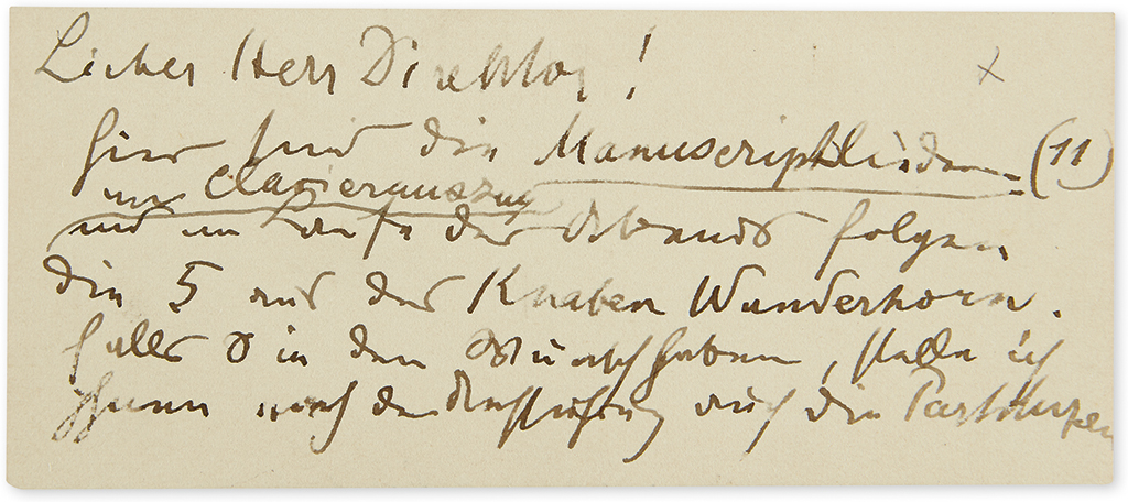 MAHLER, GUSTAV. Autograph Note Signed, Mahler, to Dear Director, in German, on recto and verso of his printed visiting card,